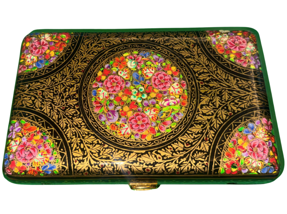 Paper Mache Clutch (0) Traditional Kashmiri paper mâché clutch bag with hand-painted floral and Chinar leaf design