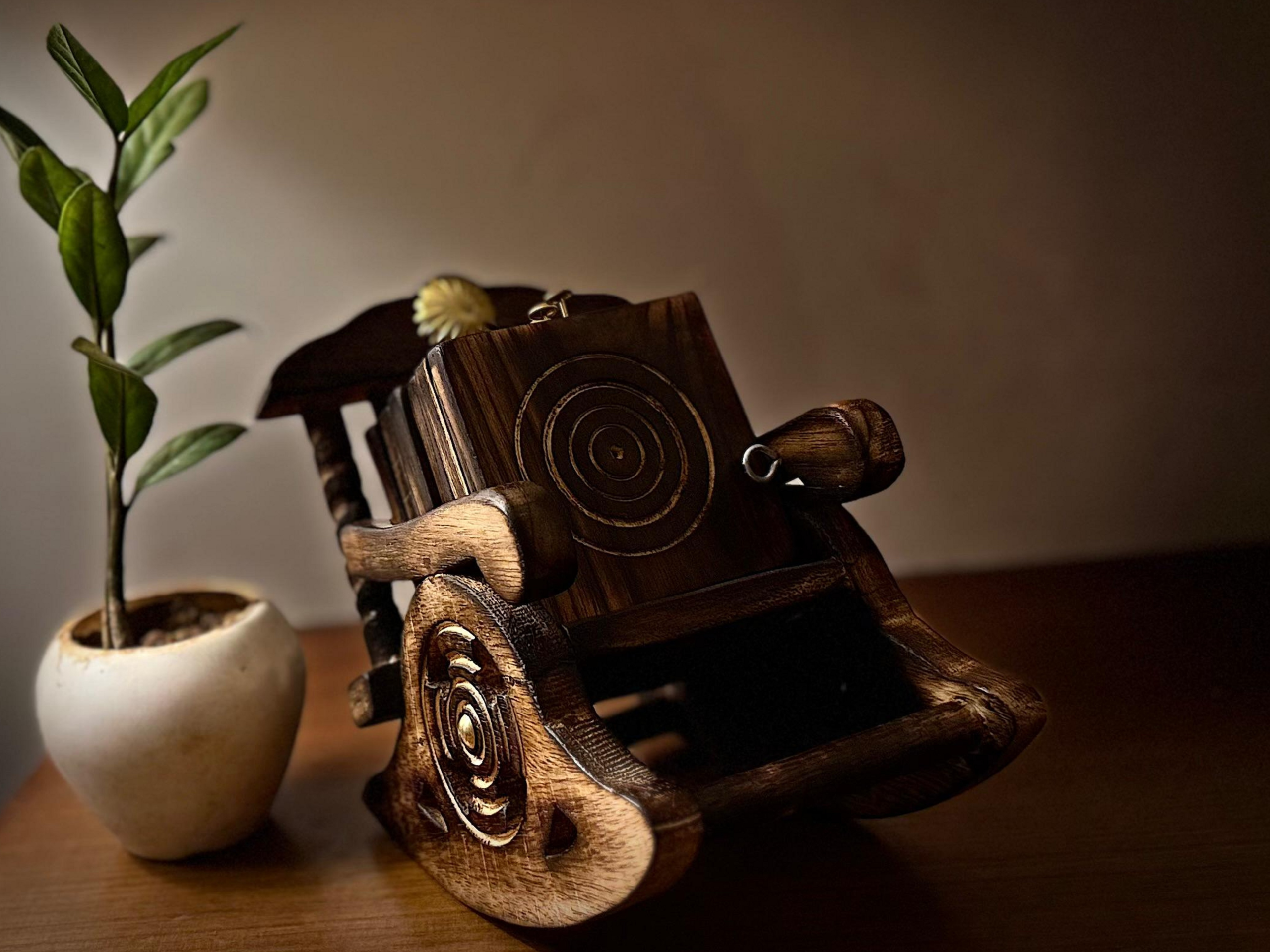 Handcrafted wooden coaster set with rocking chair holder and brass inlay made by Indian artisans