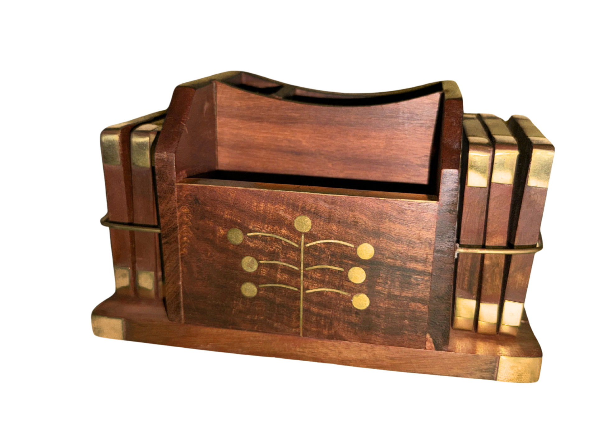 Wooden Coaster and Pen Stand (0) Handcrafted wooden coaster and pen stand set with six coasters made by Indian artisans