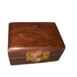 Handcrafted wooden ring box with decorative brass motif and brass clasp