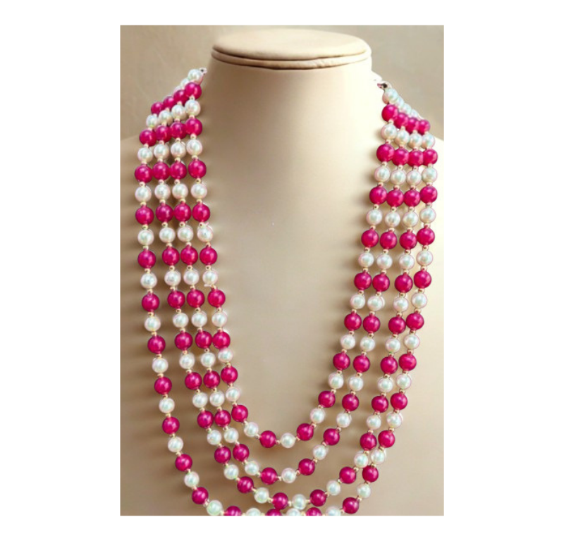 Playful Fusion: Four-Strand Pink and White Mala
