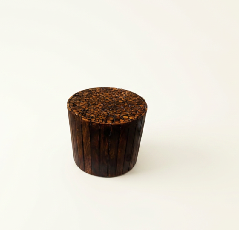 Handcrafted End-Grain Wood Log Mosaic Stool & Side Table – Deep Walnut Finish
