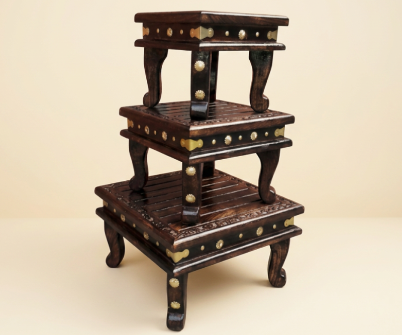 Handcrafted Wooden Chowki Set with Brass Accents (3-Piece)