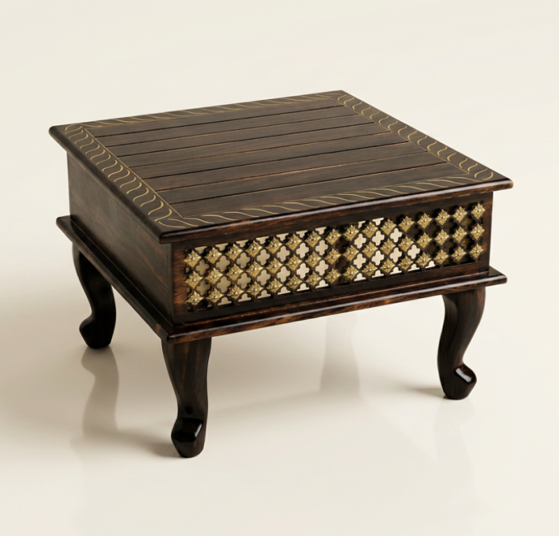 Heritage Wooden Chowki with Brass Inlay Work